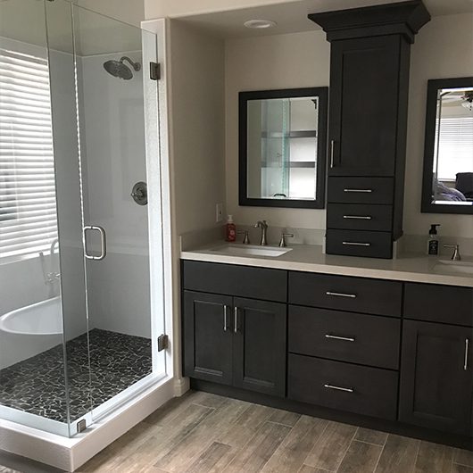 Elegant Kitchen & Bathroom | Dark Brown White Bathroom Project